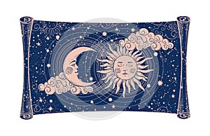 Divine scroll of universe device, astrology or tarot banner. Sun and moon with a face on a blue background with stars