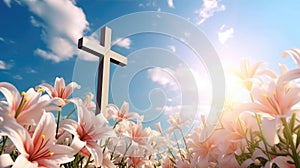 Divine Serenity Wooden Cross Among White Lilies and Blue Sky