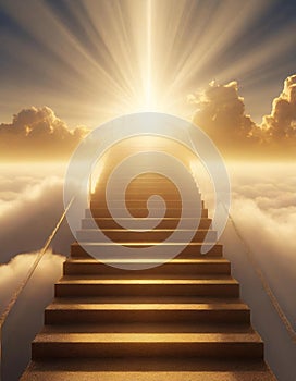 Divine stairs to heaven in the sky, golden light rays