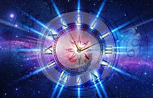 Divine timing, wheel of karma, fortune, horoscope, symbols of zodiac, rays of light and stars over universe background