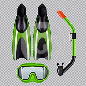 Diving accessories realistic set with snorkel breathing tube mask and flippers green on transparent background vector illustration