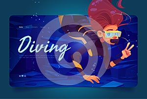 Diving banner with woman scuba diver underwater