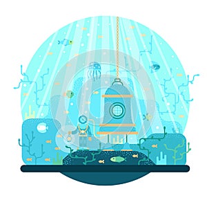 Diving bell with a diver at the bottom of the sea - vector cartoon illustration in flat cartoon stile