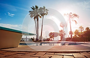 Diving board and pool over palms lit with warm light