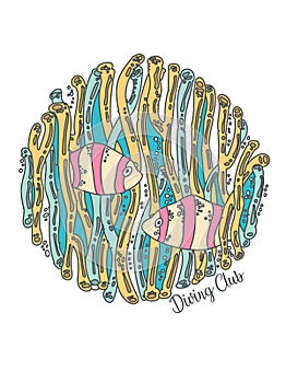 Diving club emblem with exotic fishes and corals in modern style