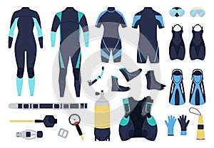 Diving elements. Scuba divers costumes, underwater swimming tools and equipment. Suits, water shoes, oxygen balloon