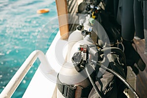 Diving equipment on board boat close up