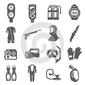 Diving equipment bold black silhouette icons set isolated on white. Underwater accessories.