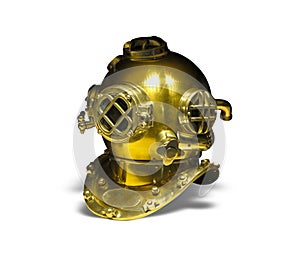 Diving equipment. Bronze helmet from the diver\'s suit isolated on white background