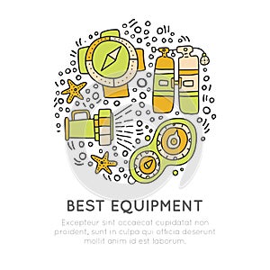 Diving equipment hand draw icons. Underwater activity vector icons. Scuba-diving elements and summer concept - dive line