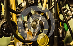 Diving equipment oxygen cylinders pipe closeup details view