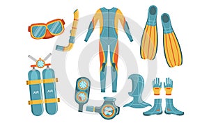 Diving Equipment Set, Wetsuit, Underwater Mask, Snorkel, Aqualung, Depth Gauge, Fins Vector Illustration