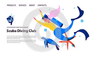 Diving. Extreme sport. Underwater swimming. Girl diver and exotic fish and underwater world. Vector illustration