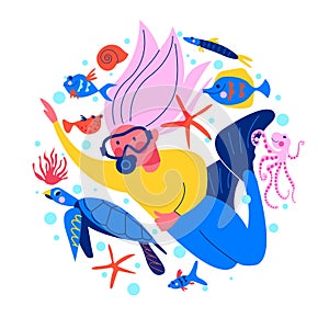 Diving. Extreme sport. Underwater swimming. Girl diver and exotic fish and underwater world. Vector illustration