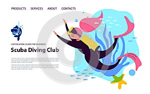 Diving. Extreme sport. Underwater swimming. Girl diver and exotic fish and underwater world. Vector illustration