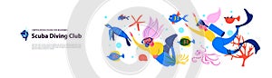 Diving. Extreme sport. Underwater swimming. Girl diver and exotic fish and underwater world. Vector illustration