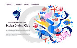 Diving. Extreme sport. Underwater swimming. Girl diver and exotic fish and underwater world. Vector illustration