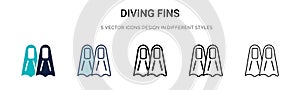 Diving fins icon in filled, thin line, outline and stroke style. Vector illustration of two colored and black diving fins vector