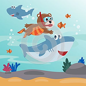 Diving with funny bear and shark with cartoon style. Creative vector childish background for fabric, textile, nursery wallpaper,