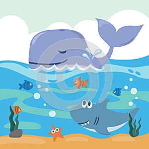 Diving with funny whale and shark with cartoon style. Creative vector childish background for fabric, textile, nursery wallpaper,