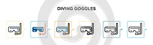 Diving goggles vector icon in 6 different modern styles. Black, two colored diving goggles icons designed in filled, outline, line