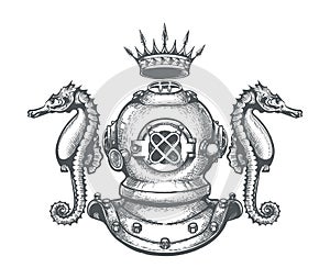 Diving Helmet with Crown and Seahorses Emblem