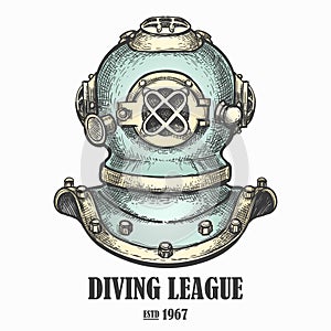 Diving helmet drawn in vintage style