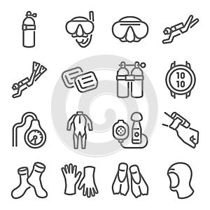 Diving icon illustration vector set. Contains such icons as goggles, scuba, watch, suit, tanks, gloves, and more. Expanded Stroke