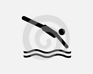 Diving Icon Man Dive Jump Jumping into Water Pool Swim Swimming Vector Black White Silhouette Symbol Sign Graphic Clipart Artwork