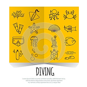 Diving icons set with fish and equipment on centerfold brochure