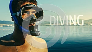 Diving, Inscription on the background of a portrait of a diver with a mask and snorkel. The concept of freediving, tourism and tra