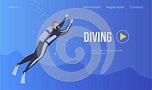 Diving landing page user interface vector flat male diver in aqualung swimming underwater