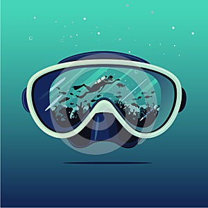 Diving mask with scuba diver on reflection. Diving on coral reef. Extreme sport vector background. Double exposure