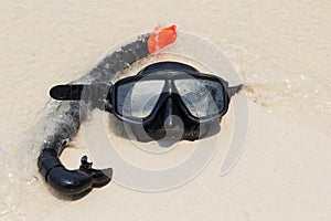 Diving mask and snorkel on the beach