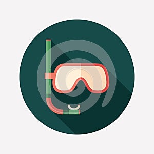 Diving mask with snorkel flat round icon with long shadows.