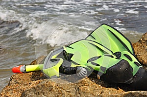 Diving mask, snorkel and flippers