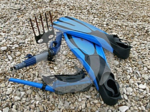 Diving mask, snorkel, harpoon and fins photo