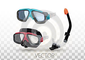 Diving mask and snorkel realistic icon. Underwater sport, entertainment equipment, gear. Costume element for immersion