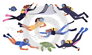 Diving people. Scuba divers with gear and balloons. Underwater swimming. Cartoon frogman. Marine animals. Ocean stingray