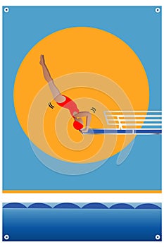 Diving poster in Asian style. Water sport equipment. Athlete activity in competition game.