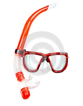 Diving red  mask isolated,snorkel,diver equipment.