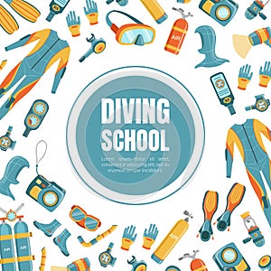 Diving School Banner Template with Diving Professional Equipment Pattern, Water Active Sport, Summer Vacation Vector