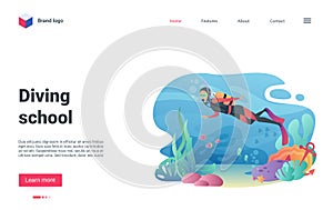 Diving school landing page, diver swimming in underwater world, snorkeling at sea bottom