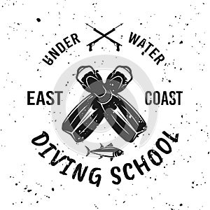 Diving school vector emblem with diver flippers