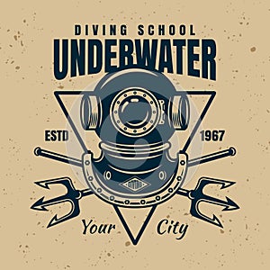 Diving school vector emblem with text underwater