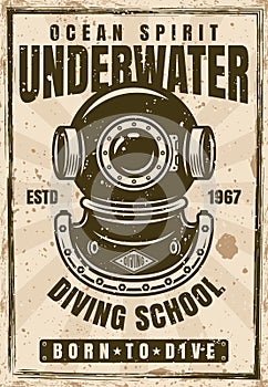 Diving school vintage poster with diver helmet