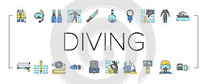 Diving Scuba Equipment Collection Icons Set Vector .