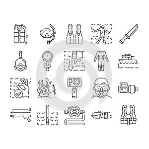 Diving Scuba Equipment Collection Icons Set Vector .