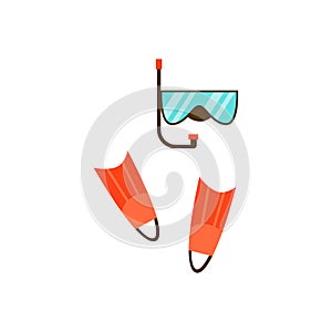 Diving scuba mask with diving flippers flat vector illustration isolated.