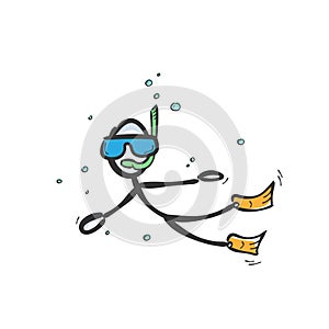 Diving in the sea. Snorkling under water. Hand drawn. Stickman cartoon. Doodle sketch, Vector graphic illustration